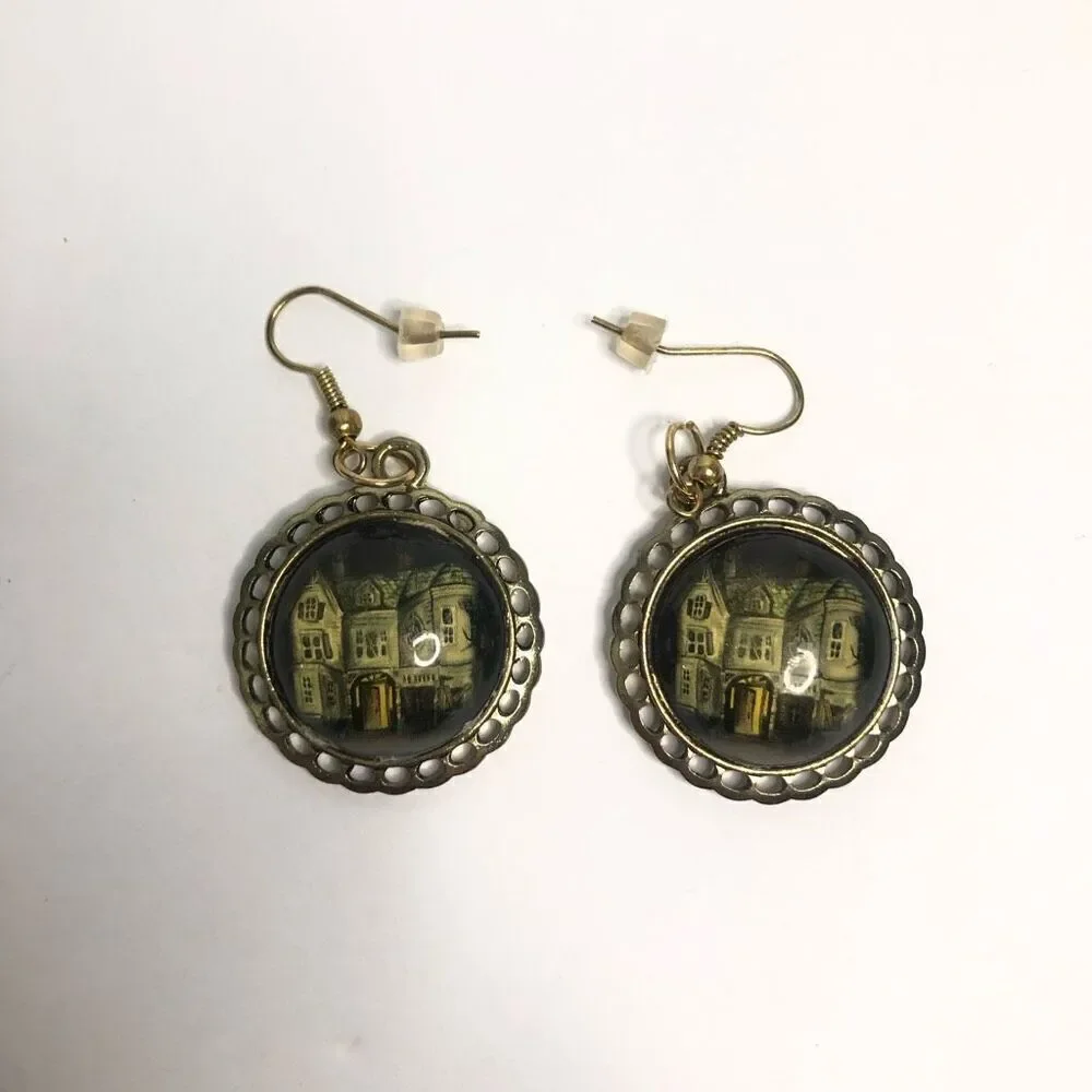 vintage abandoned haunted house round glass earrings halloween steam‎ punk